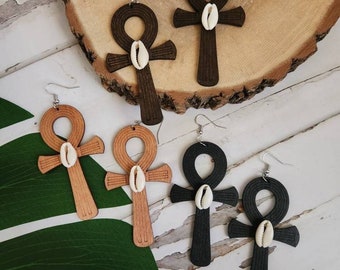 Ankh/ Cowrie Shell/ Wooden Earrings/ Different color options