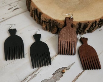 Comb Wooden Drop Earrings/ Afrocentric/ Brown or Black/ Jewelry