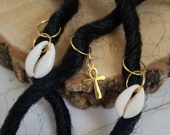 Ankh /2 Cowrie Shells/ Loc Jewelry/ Braid Jewelry/ Hair Accessories/ dreadlock/ Gold or Silver