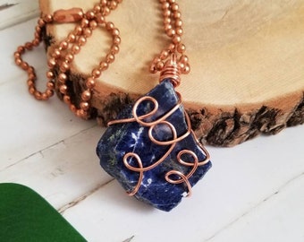 Sodalite- Top Polished/ Copper Wire Wrapped/ Copper Ball Chain
