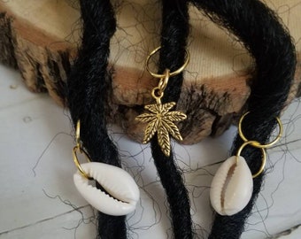 Marijuana Leaf/ 2 Cowrie Shells/Loc Jewelry/ Braid Jewelry/ Hair Accessories/ Gold/ Silver/ dreadlock