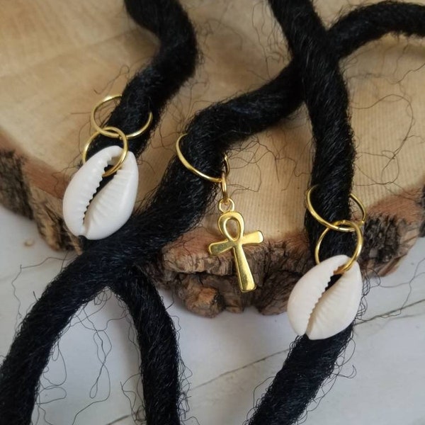 Ankh /2 Cowrie Shells/ Loc Jewelry/ Braid Jewelry/ Hair Accessories/ dreadlock/ Gold or Silver