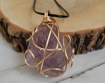 Uniquely Wire Wrapped Amethyst Chunk Necklace/ Gold Wire Wrap/ BlackCord17-19in