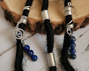 Set of 4 Handmade Loc (with loop) Dreadlock/ Braid/ Twist/ Spirals/ Coils/Braid Jewelry/ Hair Accessories/ Loc / Silver/ Lapis Lazuli Beads