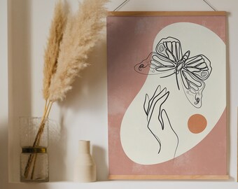 Butterfly Line Art Print: Abstract Woman Hand, Boho Wall Decor (Digital Download)