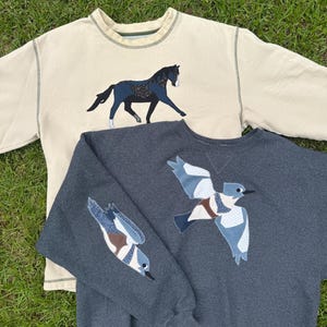 K&ouml;nnte beinhalten: Zwei Sweatshirts auf gr&uuml;nem Gras. Eines ist cremefarben mit einem schwarzen und blauen Pferde-Applikation. Das andere ist dunkelgrau mit einer blau-wei&szlig;en Vogel-Applikation auf Brust und &Auml;rmel. Beide haben einen Rundhalsausschnitt.