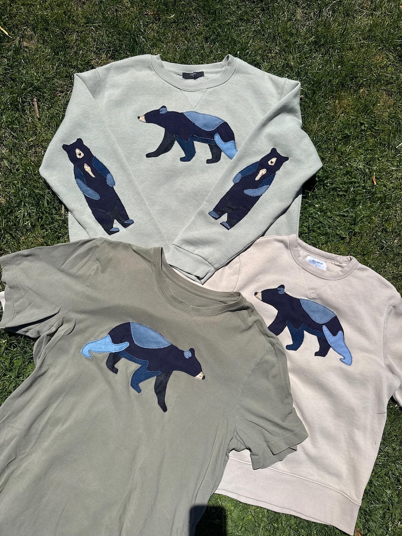 K&ouml;nnte beinhalten: Vier Kleidungsst&uuml;cke: zwei Sweatshirts und zwei T-Shirts. Jedes Kleidungsst&uuml;ck hat eine dunkelblaue B&auml;renapplikation mit hellblauen Akzenten. Die Sweatshirts sind hellgr&uuml;n, und die T-Shirts sind oliv und beige.