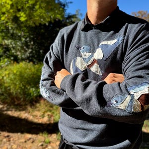 K&ouml;nnte beinhalten: Ein dunkelgraues Sweatshirt mit einem Vogel-Applikation auf der Vorderseite und den &Auml;rmeln. Das Vogeldesign enth&auml;lt blaue, wei&szlig;e und braune Stoffflicken. Die &Auml;rmel haben zus&auml;tzliche Vogelakzente.
