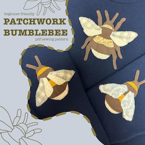 May include: Navy blue fabric with three patchwork bumblebee designs. The bees have brown bodies, yellow and white wings, and brown antennae. The text "beginner friendly PATCHWORK BUMBLEBEE pdf sewing pattern" is in the upper left corner.