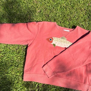 May include: A coral-colored sweatshirt with a crew neck and long sleeves. The sweatshirt features an appliqued fish design with a red eye, beige scales, and a white body. The garment is lying on a bed of green grass.