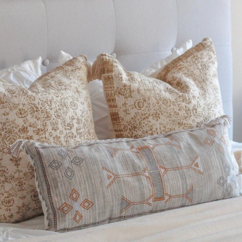 Long Lumbar / Boho Pillow Cover / Neutral Decorative Pillow / Etsy
