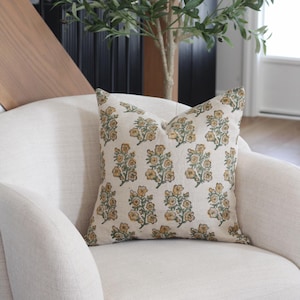 Floral Block Print Pillow Cover, Decorative Cushion Cover, Modern Farmhouse Designer Linen Pillow, Neutral Block Printed Throw Pillows