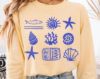 Långärmad skjorta med sardiner, ostronskjorta, hummerskjorta, strandskjorta, Amalfikustskjorta, sardiner, grafisk t-shirt, tomatflicka, sommarsemesterskjorta