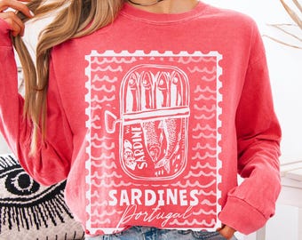 Camisa de manga larga con sardinas, camisa con ostras, camisa con langosta, camisas playeras, camisa de la Costa de Amalfi, camiseta con gráfico de sardinas, camisa de vacaciones de verano de chica tomate