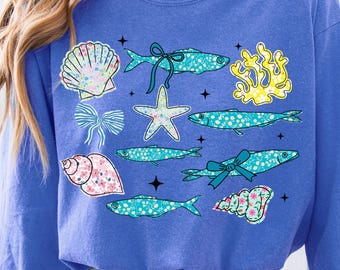 Långärmad skjorta med sardiner, ostronskjorta, hummerskjorta, strandskjorta, Amalfikustskjorta, sardiner, grafisk t-shirt, tomatflicka, sommarsemesterskjorta