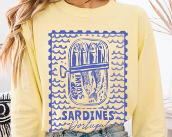 Långärmad skjorta med sardiner, ostronskjorta, hummerskjorta, strandskjorta, Amalfikustskjorta, sardiner, grafisk t-shirt, tomatflicka, sommarsemesterskjorta