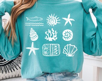 Långärmad skjorta med sardiner, ostronskjorta, hummerskjorta, strandskjorta, Amalfikustskjorta, sardiner, grafisk t-shirt, tomatflicka, sommarsemesterskjorta
