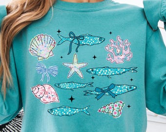 Långärmad skjorta med sardiner, ostronskjorta, hummerskjorta, strandskjorta, Amalfikustskjorta, sardiner, grafisk t-shirt, tomatflicka, sommarsemesterskjorta