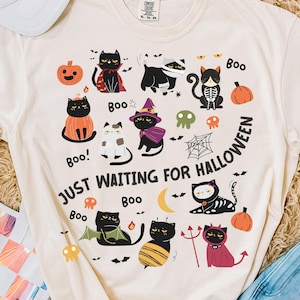 Just Waiting For Halloween Shirt Black Cat Halloween Shirt Vintage Halloween Shirt Halloween Black Cat Shirt Halloween Cat Shirt