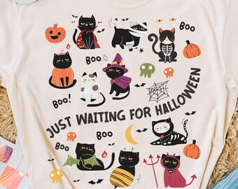 Camiseta "Solo esperando la de Halloween", camiseta de gato negro de Halloween, camiseta vintage de Halloween, camiseta de gato negro de Halloween, camiseta de gato de Halloween