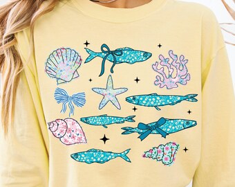 Långärmad skjorta med sardiner, ostronskjorta, hummerskjorta, strandskjorta, Amalfikustskjorta, sardiner, grafisk t-shirt, tomatflicka, sommarsemesterskjorta