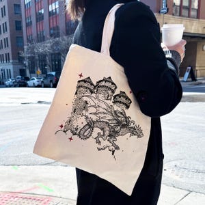 Medieval Dragon Vintage Tote Bag Forgotten Realms Mythical Creature Mystical Medieval Fantasy Art Shoulder Bag  Canvas Purse with Dragon