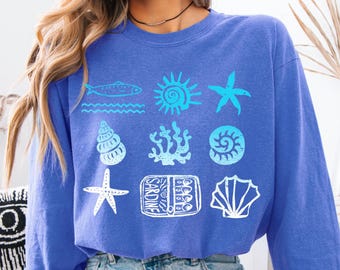 Långärmad skjorta med sardiner, ostronskjorta, hummerskjorta, strandskjorta, Amalfikustskjorta, sardiner, grafisk t-shirt, tomatflicka, sommarsemesterskjorta