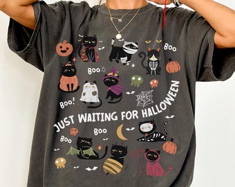 Camiseta "Solo esperando la de Halloween", camiseta de gato negro de Halloween, camiseta vintage de Halloween, camiseta de gato negro de Halloween, camiseta de gato de Halloween