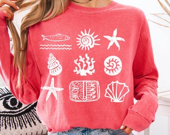 Långärmad skjorta med sardiner, ostronskjorta, hummerskjorta, strandskjorta, Amalfikustskjorta, sardiner, grafisk t-shirt, tomatflicka, sommarsemesterskjorta
