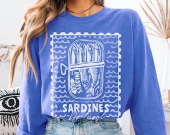 Långärmad skjorta med sardiner, ostronskjorta, hummerskjorta, strandskjorta, Amalfikustskjorta, sardiner, grafisk t-shirt, tomatflicka, sommarsemesterskjorta