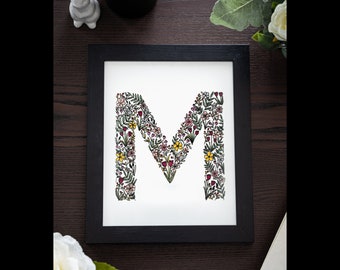 Floral Monogram Letter M, Floral Initial, Floral Font, Wall Art, Wall Decor, Wall Print, Hand Drawn, Wildflowers