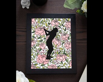 Floral Golf Silhouette, Golf Girl, Peonies, Flowers, Wall Art, Wall Decor, Wall Print, Hand Drawn, Line Art, Female Athlete