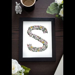 Floral Monogram Letter S, Floral Initial, Floral Font, Wall Art, Wall Decor, Wall Print, Hand Drawn, Wildflowers