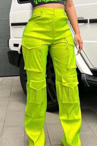 Cargo Pants - High Waisted - Full Length - Lime Green