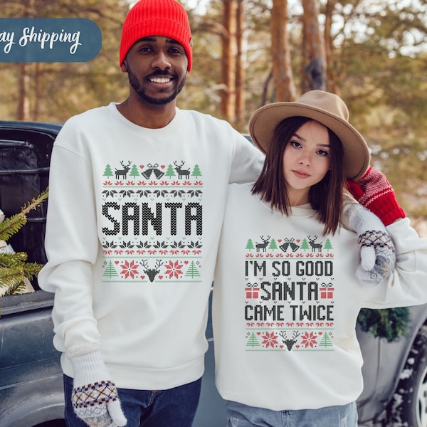 Unisex Funny Couples Ugly Christmas Sweater, Couples Matching Ugly Christmas Sweater, Santa Came Twice, Christmas Pajamas, Sold Seperate
