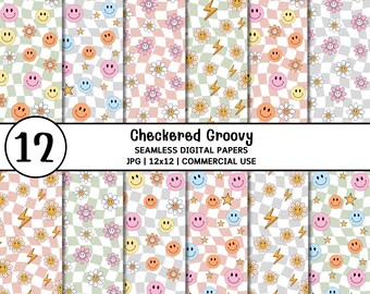 Smiley Faces Seamless Background, Groovy Flower Background Digital Paper, Seamless Checkered Printable Paper, Checkerboard Scrapbook Paper