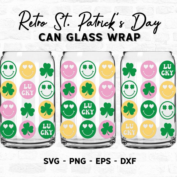 Retro St. Patrick's Day Can Glass Svg, Hearts Retro Groovy Svg for Libbey Glass 16 Oz, Seamless Retro Lucky Svg, Trendy Clover Svg Full Wrap