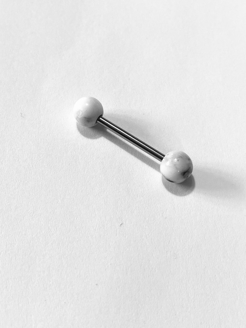 14g 16mm White Howlite Natural Semi PRECIOUS Stone Barbell Tongue Ring Nipple Ring Nipple Barbell 6mm Ends 316L Steel Bar