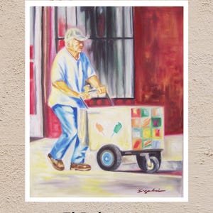 May include: An oil painting depicts an older person pushing a cart filled with colorful frozen treats. The person wears a light blue shirt, blue jeans, and a cap. The cart has a variety of ice pop flavors. The text "-El Paletero-" is at the bottom.