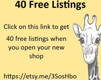 Etsy Listings. 40 Free Listings. Read my listing to claim your free listings. No purchase needed https://etsy.me/3SosHbo