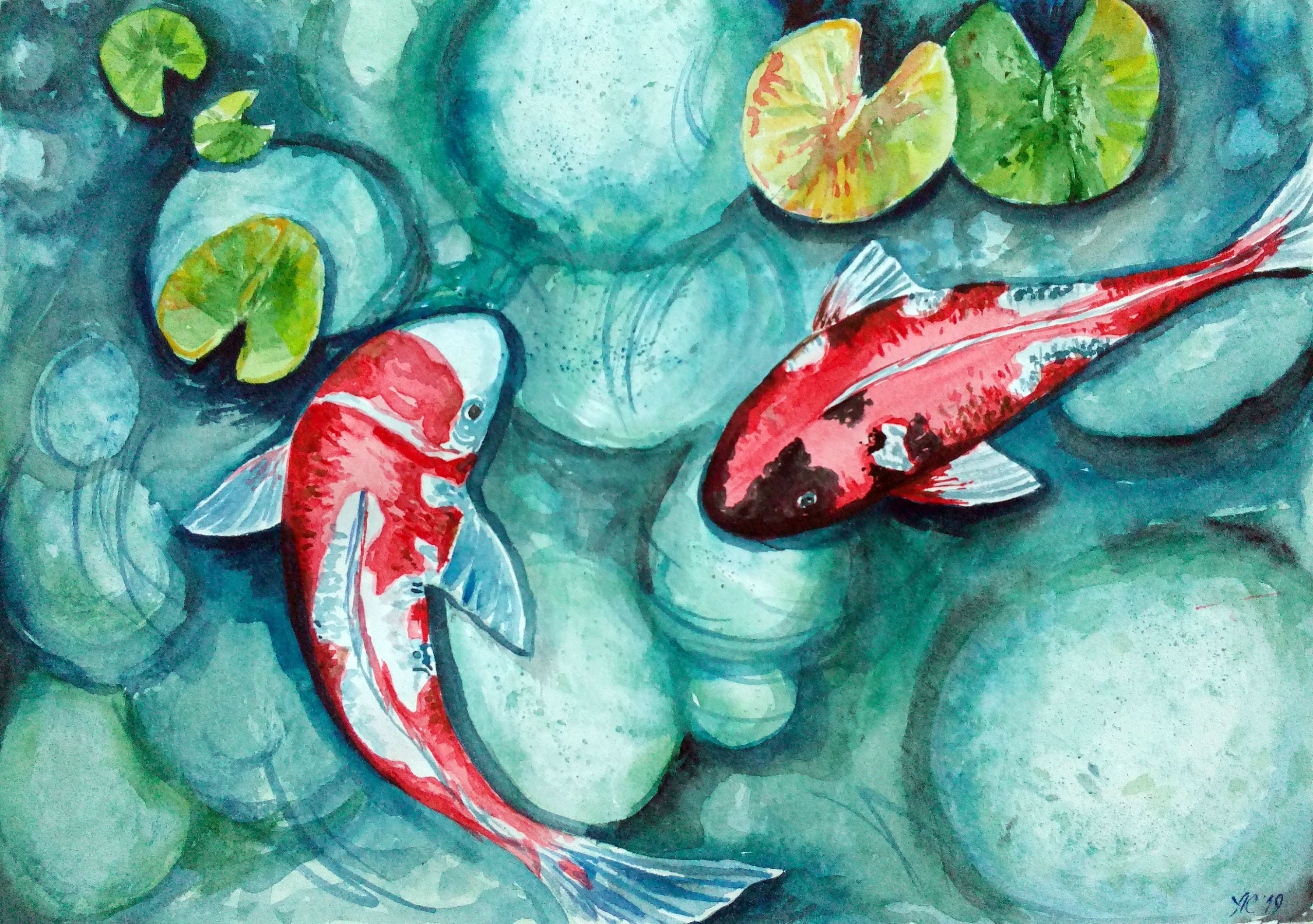 Malerei Aquarell. Koi Karpfen im Teich. Tier Malerei Original Etsy