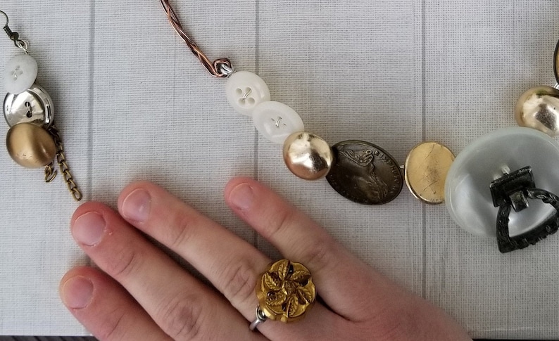 Bracelet Rich GoldWhite Button Jewelry Set- Necklace Earrings Ring