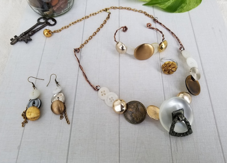 Bracelet Rich GoldWhite Button Jewelry Set- Necklace Earrings Ring