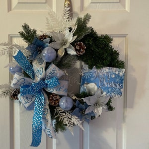 Christmas pine wreath, blue and silver Christmas wreath, Christmas pine wreath with poinsettias, Merry Christmas wreath,  pine wreath