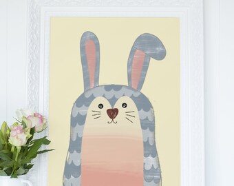 Cute Bunny with Canary Yellow Background , baby's nursery or kids' room decor.