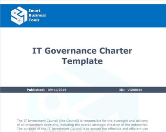 Puede incluir: Un documento titulado "Plantilla de Carta de Gobernanza de TI" con el logotipo de "Smart Business Tools". El documento incluye la fecha de publicación, la identificación e instrucciones sobre cómo usar la plantilla, con texto codificado por colores.