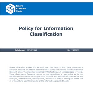 Op de afbeelding: Een document met de titel "Beleid voor informatieclassificatie" met de publicatiedatum 20/10/2019 en ID VG00037. Het document beschrijft de gebruiksvoorwaarden voor de Value Governance Research Tool en stelt dat deze alleen voor intern, niet-commercieel gebruik is.