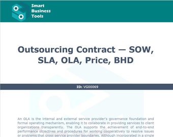 Puede incluir: Un documento verde y blanco con el título "Outsourcing Contract - SOW, SLA, OLA, Price, BHD" y la ID "VG00069". El documento explica el propósito y las funciones de un Acuerdo de Nivel Operativo (OLA).