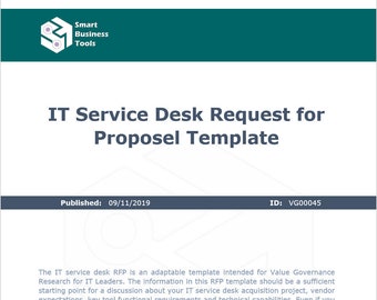 Può includere: Un documento intitolato "Richiesta di proposta per un servizio di help desk IT" con data di pubblicazione 09/11/2019 e ID VG00045. Il documento è un modello da utilizzare dai leader IT quando si richiedono proposte per soluzioni di servizio di help desk IT. Il documento include istruzioni su come utilizzare il modello, comprese le frasi necessarie, gli esempi e le spiegazioni.