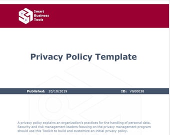Puede incluir: Una plantilla de política de privacidad con el título "Plantilla de política de privacidad" y el texto "Publicado: 20/10/2019" y "ID: VG00038". La plantilla está diseñada para ayudar a las organizaciones a crear una política de privacidad que cumpla con las regulaciones de protección de datos.
